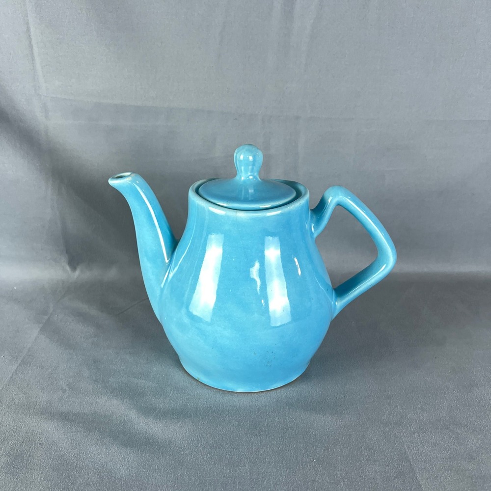 Vintage Curved Spout Musical Teapot Turquoise Ceramic Angled Handle with Lid